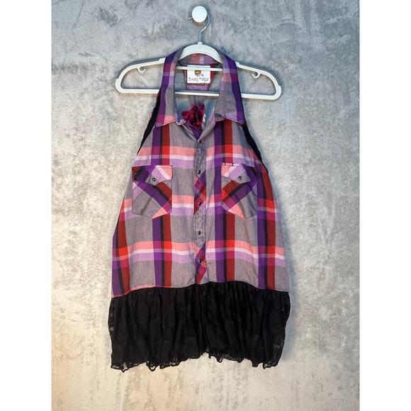 Upcycled Pink Plaid Shirt XL Black Lace Trim Boho, Festival Hippie Whimsygoth - Picture 1 of 7